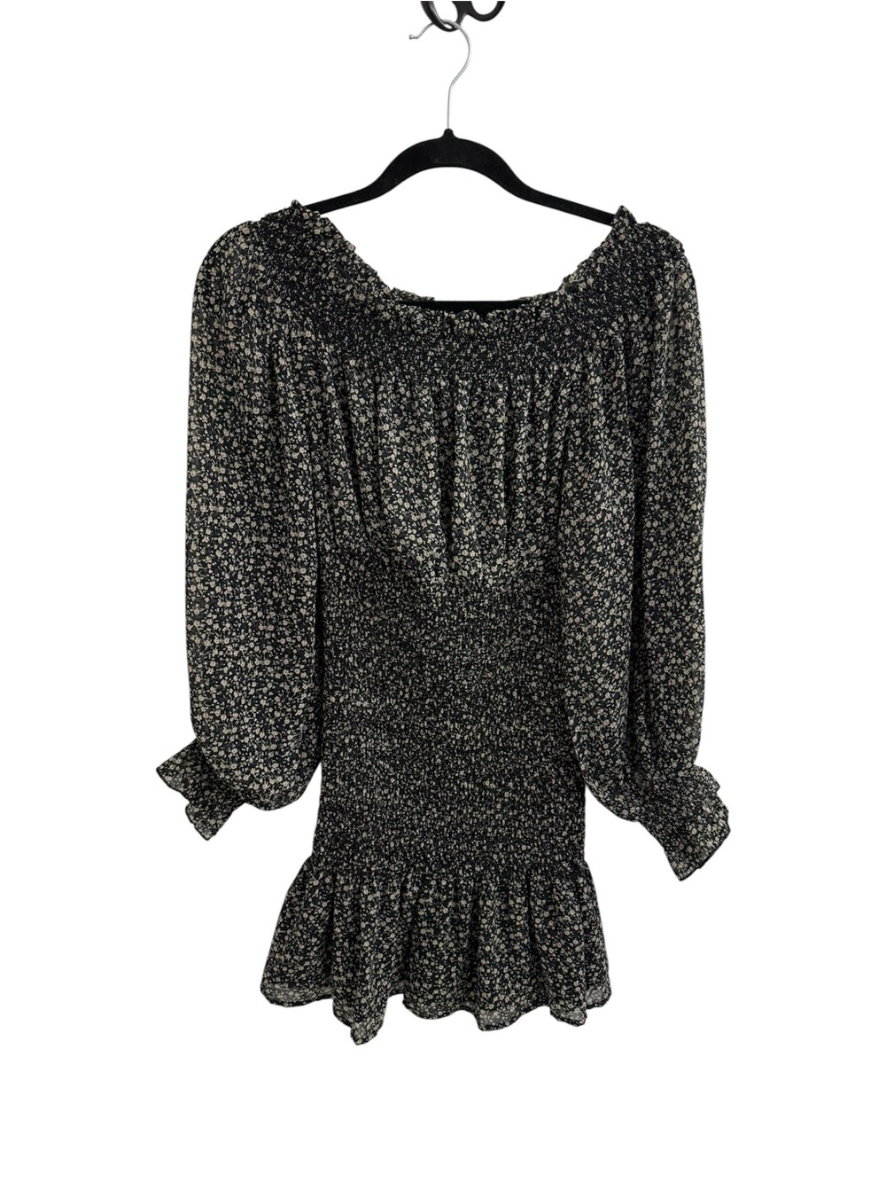 MARBLE Black Floral Smocked Mini Dress with Long Balloon Sleeves Women’s Size M